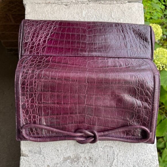 BRAHMIN Vintage Plum Aubergine Eggplant Croc Envelope Bow Clutch Bag Rare!